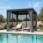Pergola à auvent noir avec rideaux d'intimité et moustiquaire FLISE 10 pi x 10 pi-133410850-133410853