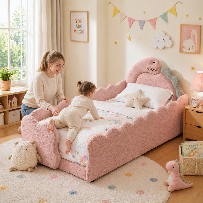 Lit simple tapissier pour enfants avec garde-corps, structure de lit pour tout-petits Boucle, Rose