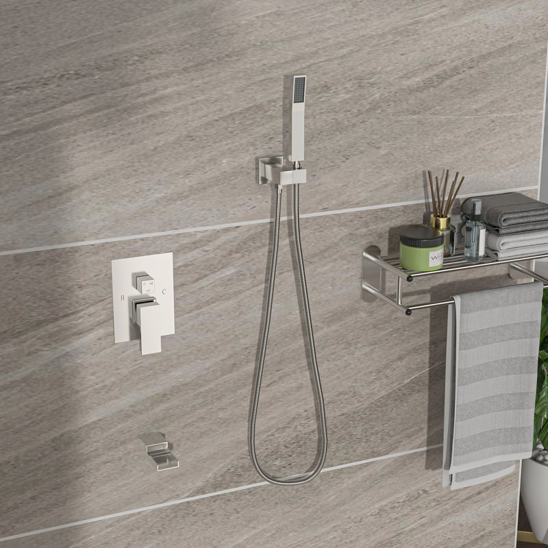 Douche carrée murale de 10 pouces en nickel brossé - douchette cascade, 3 fonctions, douche à effet pluie, système d'outil portatif avec bec en nickel, douchette à pluie, ensemble d'installation