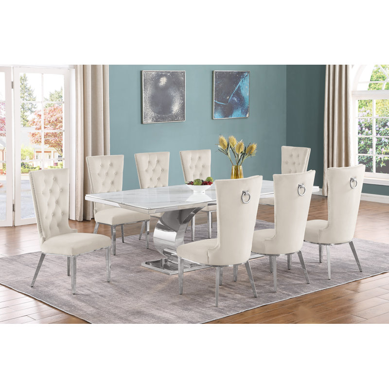 Ballance Marble Top Pedestal Dining Set, 9, Silver, Cream