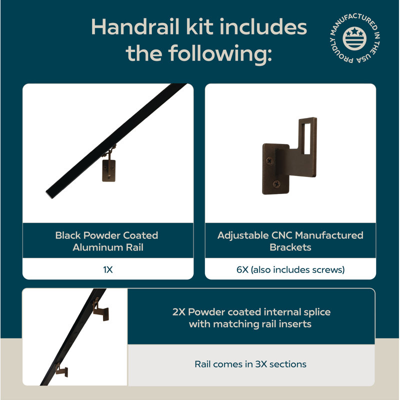 Modern Aluminum Handrail Grab Bar Kit, Adjustable Steel Brackets, Returns to Wall, Powder Coat, 14' W, Bronze / Black