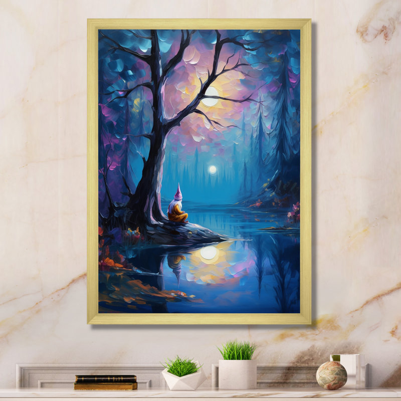 Gnome méditant en pleine lune, forêt magique sur toile, H 44 po x l 34 po x P 1,5 po, Encadrement doré