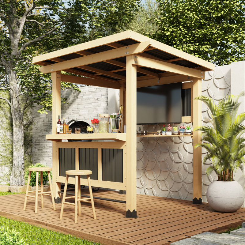 95.7" W Cedar Wooden Outdoor Bar Gazebo With Shade Roof & Built-In Counter