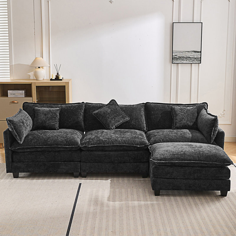 Canapé en L rembourré, canapé de luxe moderne avec repose-pieds et 5 coussins