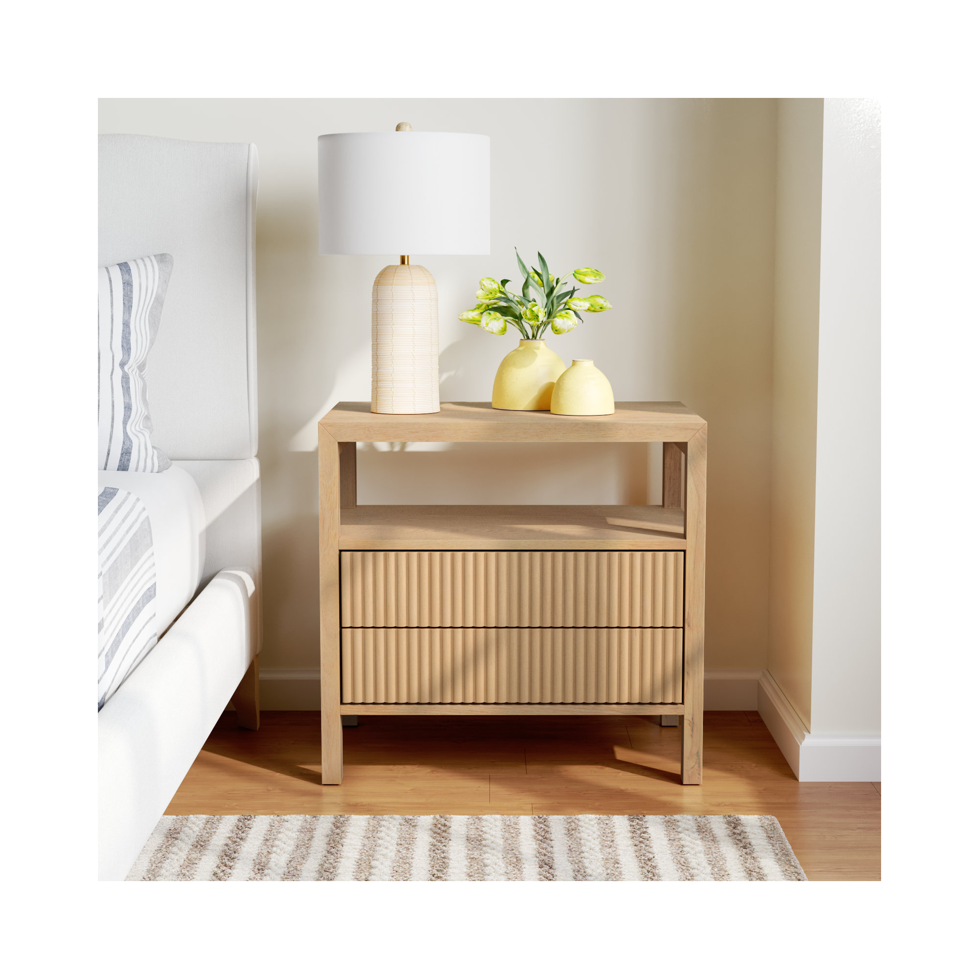 Dorchester 2 Drawer Reeded Nightstand, Oak