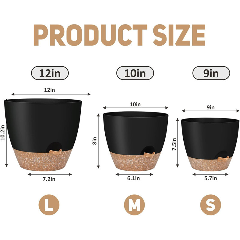 3-pack Large Self-watering Planters With Drainage Black
