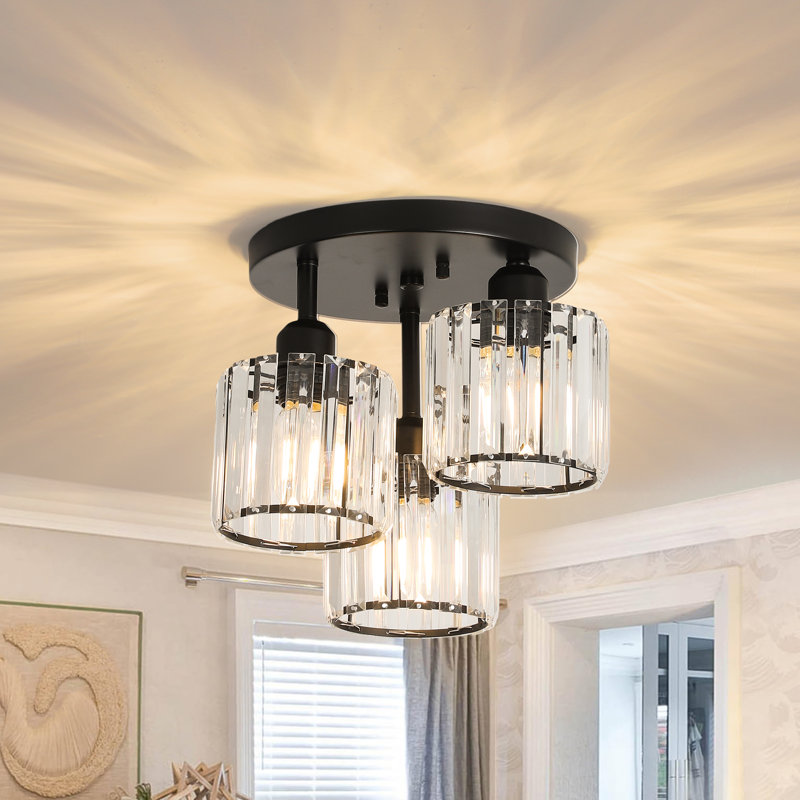 3-Light 11.8" Modern Flush Mount Ceiling Light Fixture With Clear Crystal Glass Shades, Matte Black