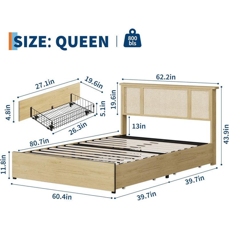 Structure de grand lit avec tête de lit en rotin naturel, style bohème avec 4 tiroirs de rangement, support en métal, aucun sommier nécessaire