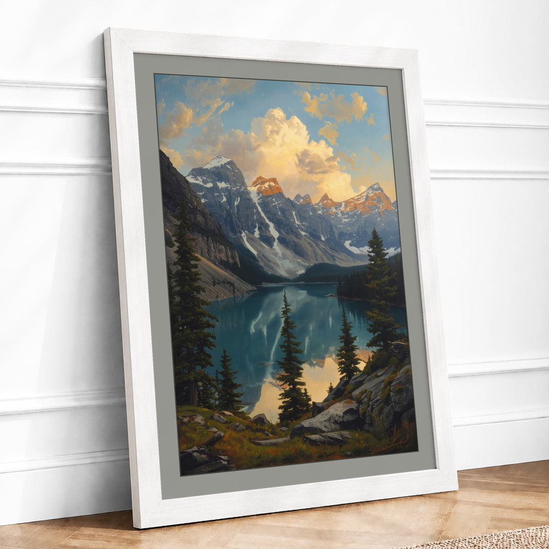 Alpine Lake at Sunrise Scandinavian - Framed Print