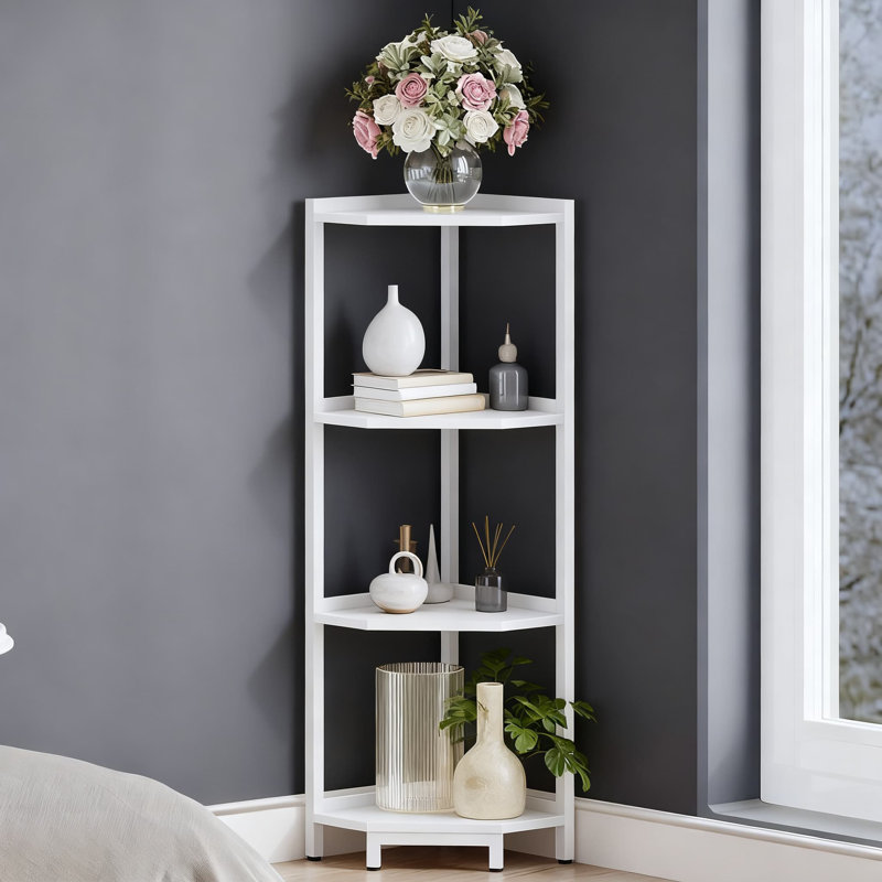 Étagère d'angle à 4 niveaux avec structure en métal, bibliothèque d'angle peu encombrante et présentoir pour le rangement du salon, du bureau personnel et de la chambre à coucher
