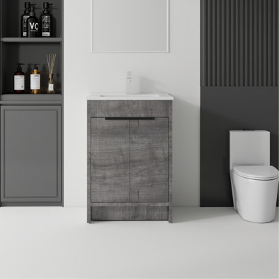Meuble-lavabo autoportant 24 po avec lavabo, tiroir en céramique, contreplaqué, gris