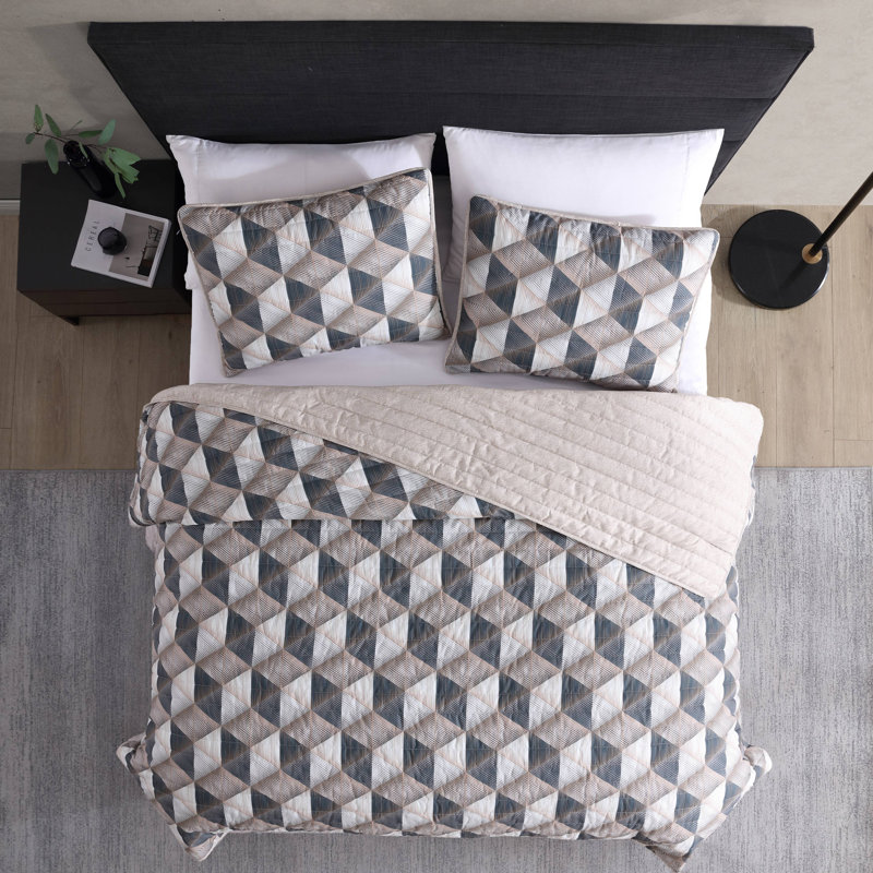 Ensemble de courtepointe réversible brun Kenneth Cole Gridwork, Courtepointe pour grand lit + 2 taies décoratives