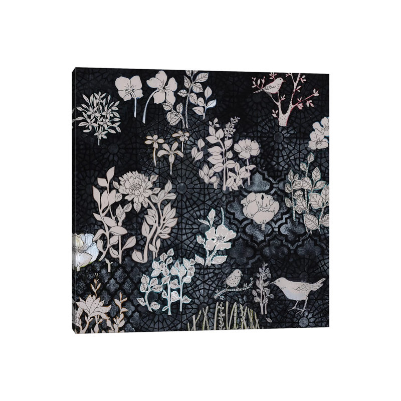 Pale Grey Botanical On Black by Miri Eshet - Print on Canvas, Wrapped Canvas, 45.72 cm H x 45.72 cm W x 3.175 cm D
