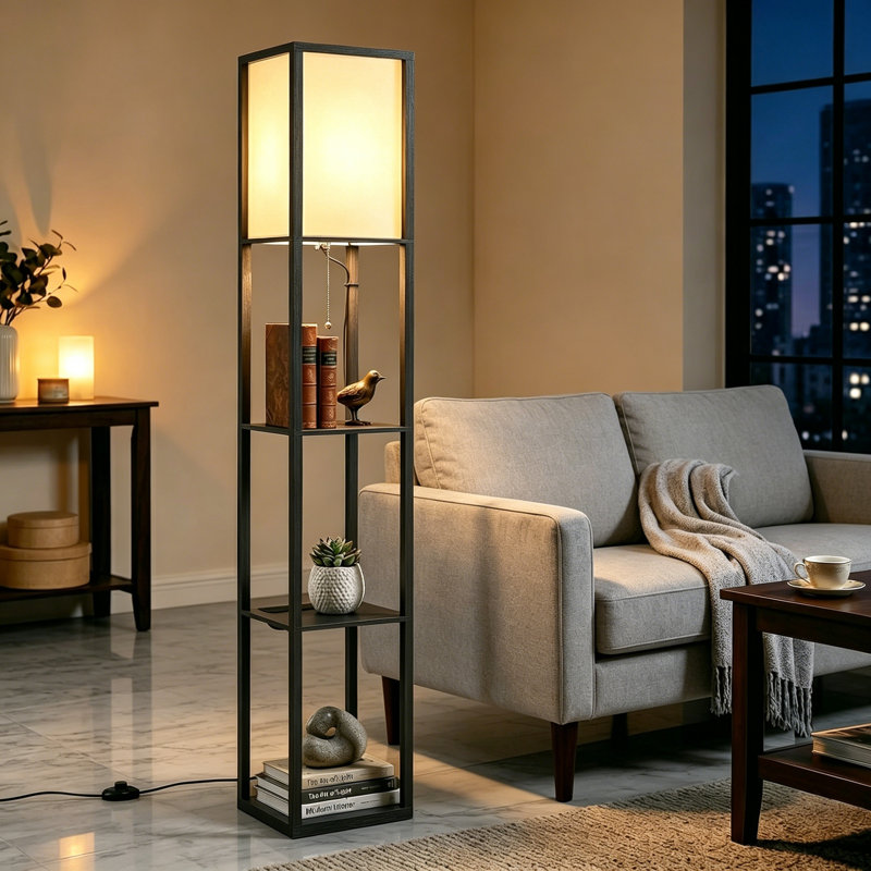 Brown Floor Lamp with Storage Shelves, Modern Corner Standing Lamp with Lampshade, Foot Switch Reading Light, LED Bulb Included for Living Room Bedroom Home Office