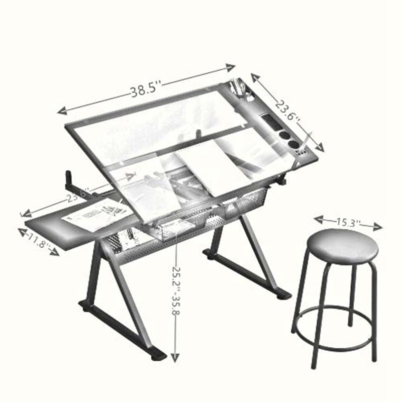 Kynnlie Adjustable Glass Top Metal Base Drafting Table, White