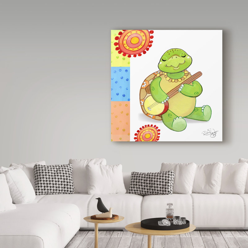 Green Turtle Playing Banjo Watercolor Canvas Art