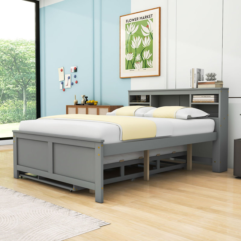  Willavene Platform Bed with Storage Headboard, USB, Twin Size Trundle and 3 Drawers, Gray, Full