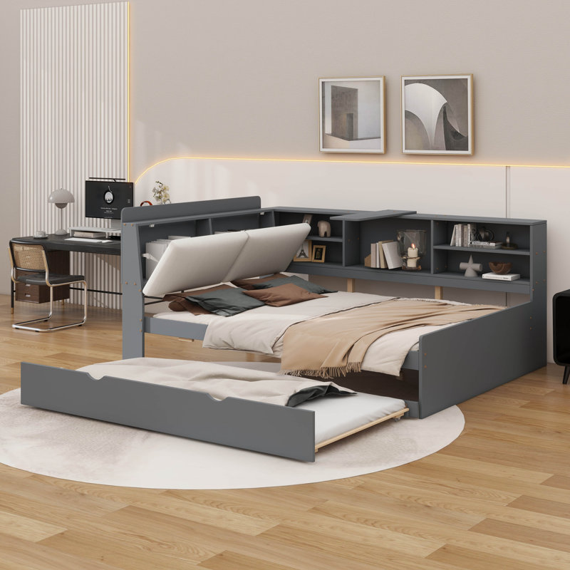 Lit plateforme avec lit gigogne, tablettes et tête de lit avec rangement, Gris, Lit double