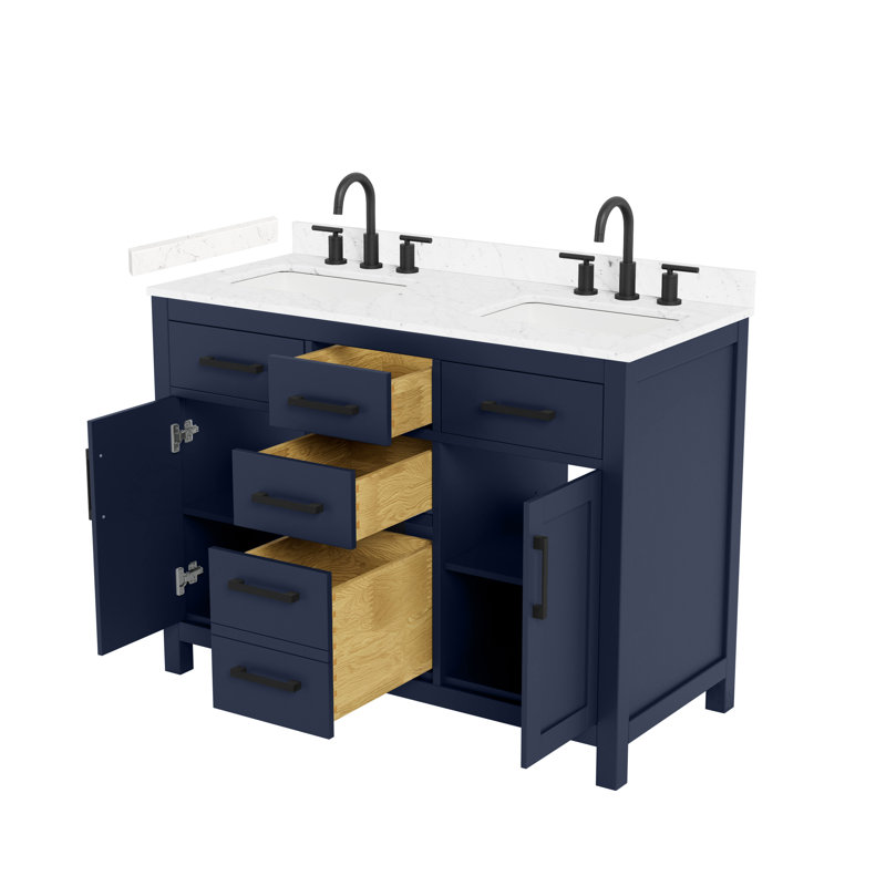Ensemble de meuble-lavabo double 48 po Beckett, Bleu foncé avec bordure noir mat, Comptoir en marbre de culture de Carrare