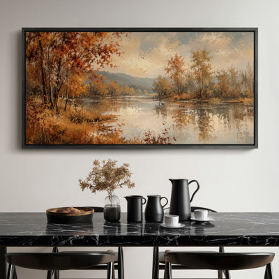 Très grand paysage de rivière d'automne avec arbres dorés, eau réfléchissante et couleurs saisonnières chaudes
