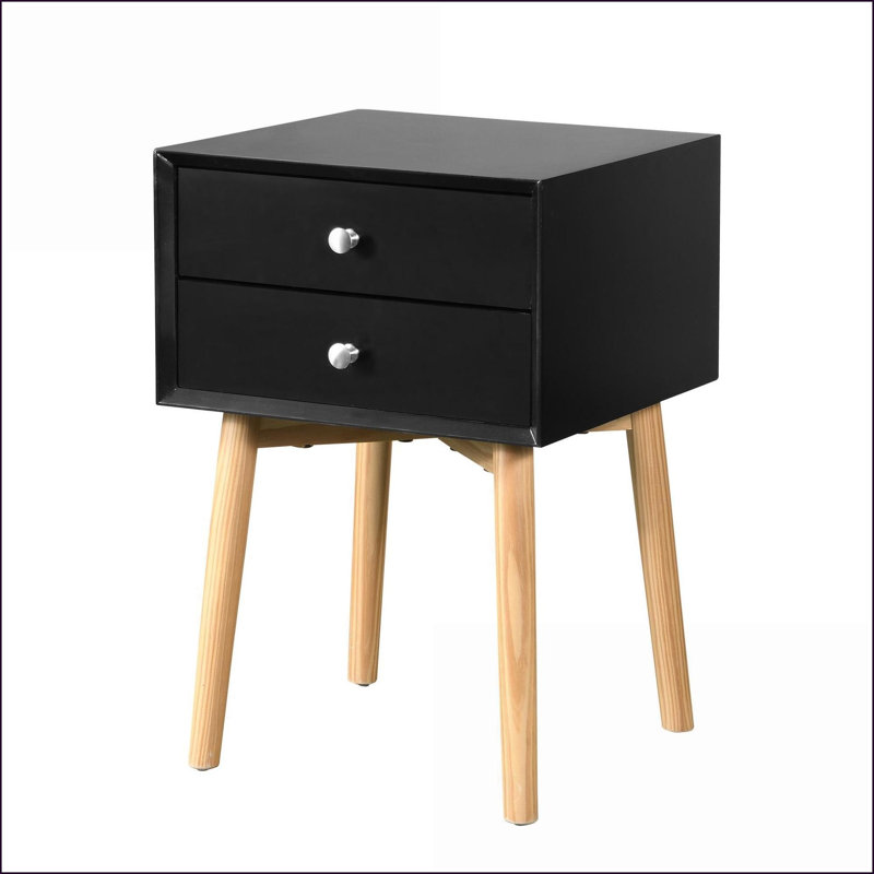 Mid-Century Modern Black Nightstand with 2 Drawers &amp; Rubber Wood Legs