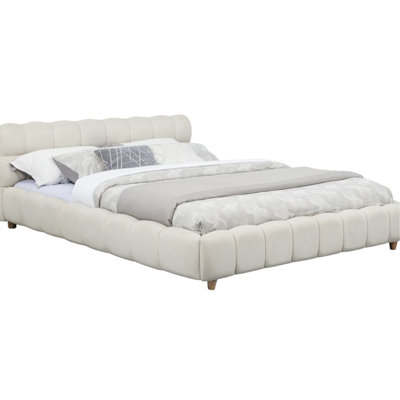 Structure de lit plate-forme à profil bas pour grand lit beige de style moderne pour la chambre à coucher, avec revêtement en tissu et jute naturel, assemblage requis