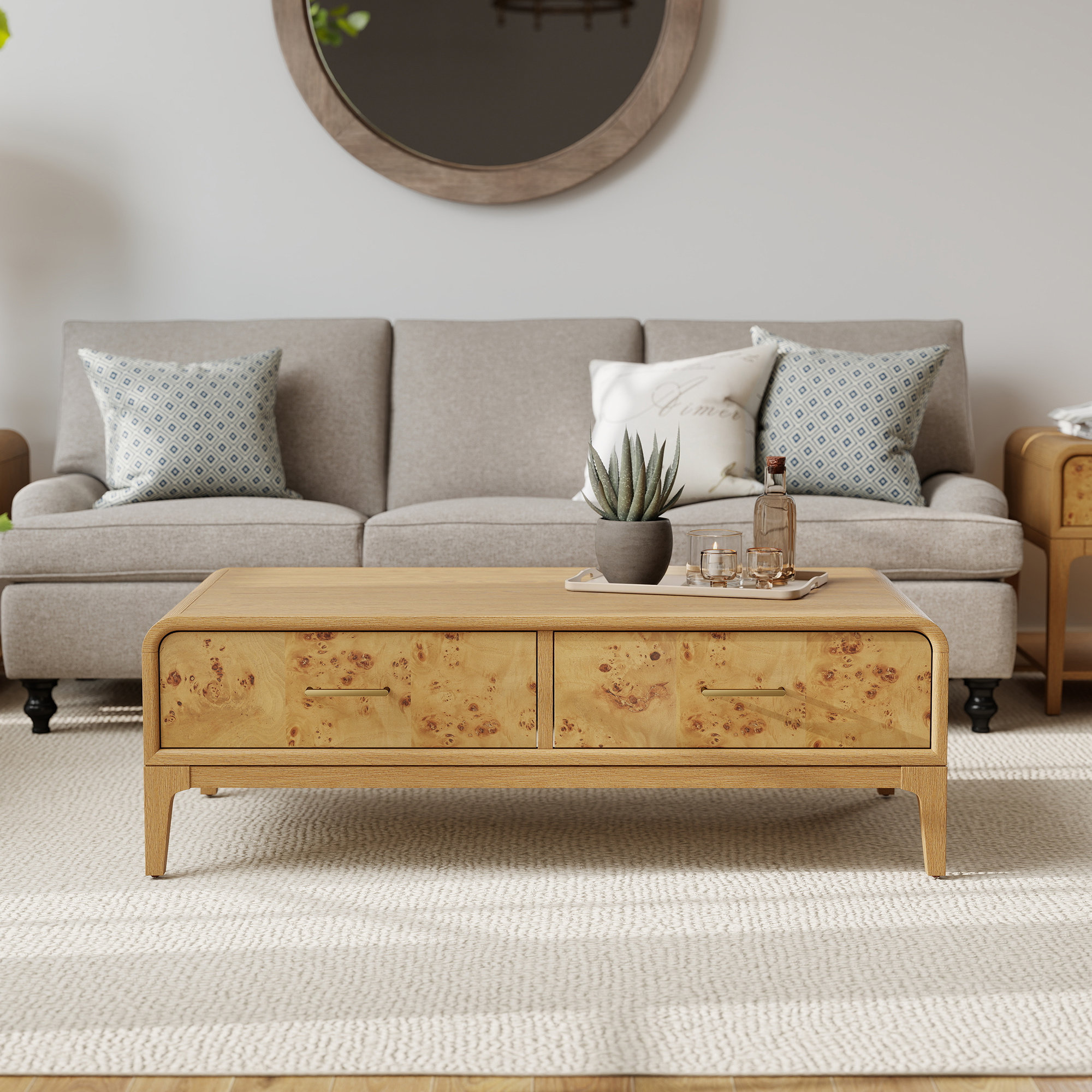 Adden Burl Wood Storage Coffee Table, Oak
