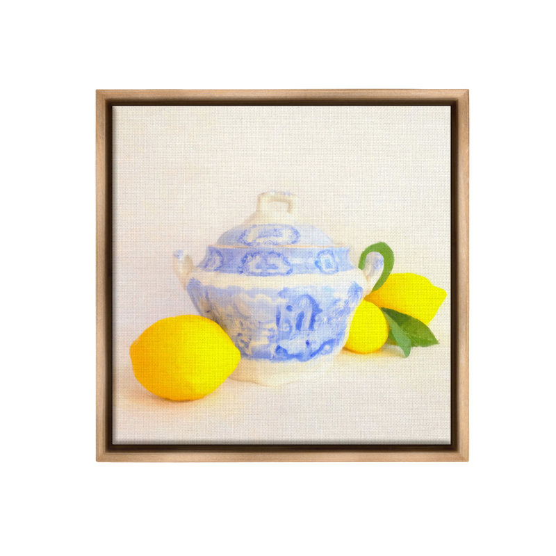 "Citrons et poterie ornée" par Graffitee Studios sur toile, Cadre flottant orme Montalcino, H 18 po x l 18 po