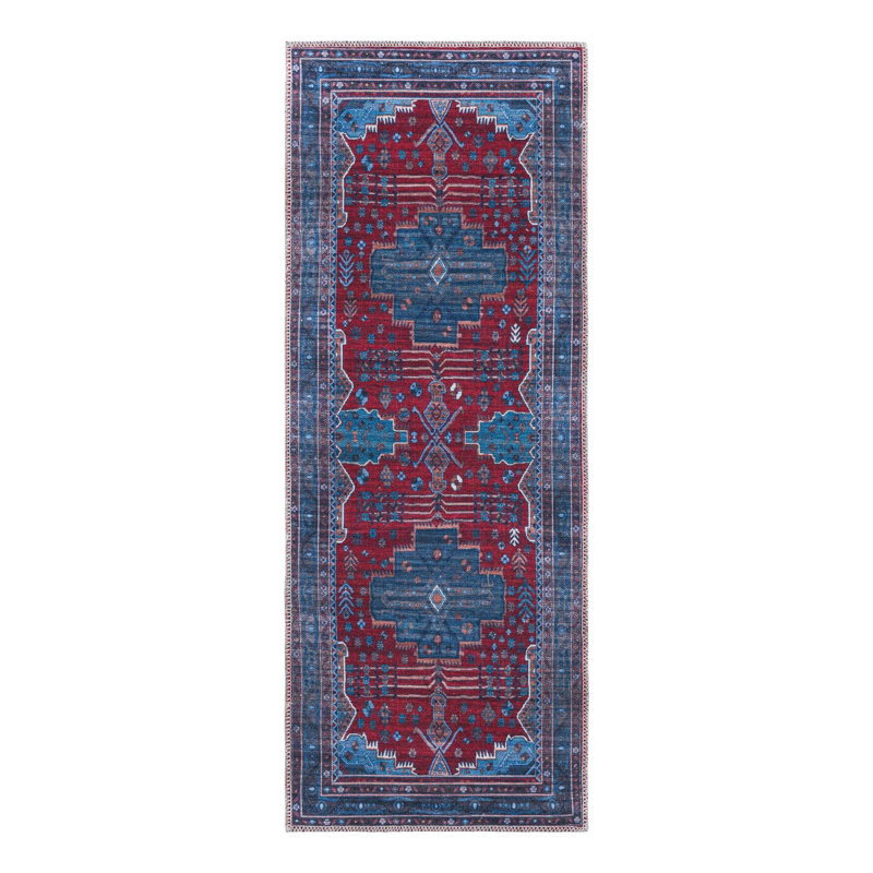 Tapis oriental rouge / bleu Guthridge, Tapis de couloir 2 pi x 5 pi
