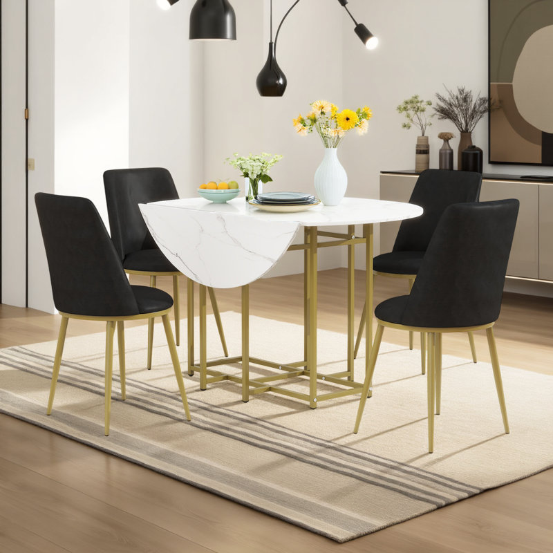 Ensemble de table de salle à manger extensible 5 pièces pour petits espaces - plateau rond en faux marbre avec cadre doré, 4 chaises rembourrées, conception pliable compacte,