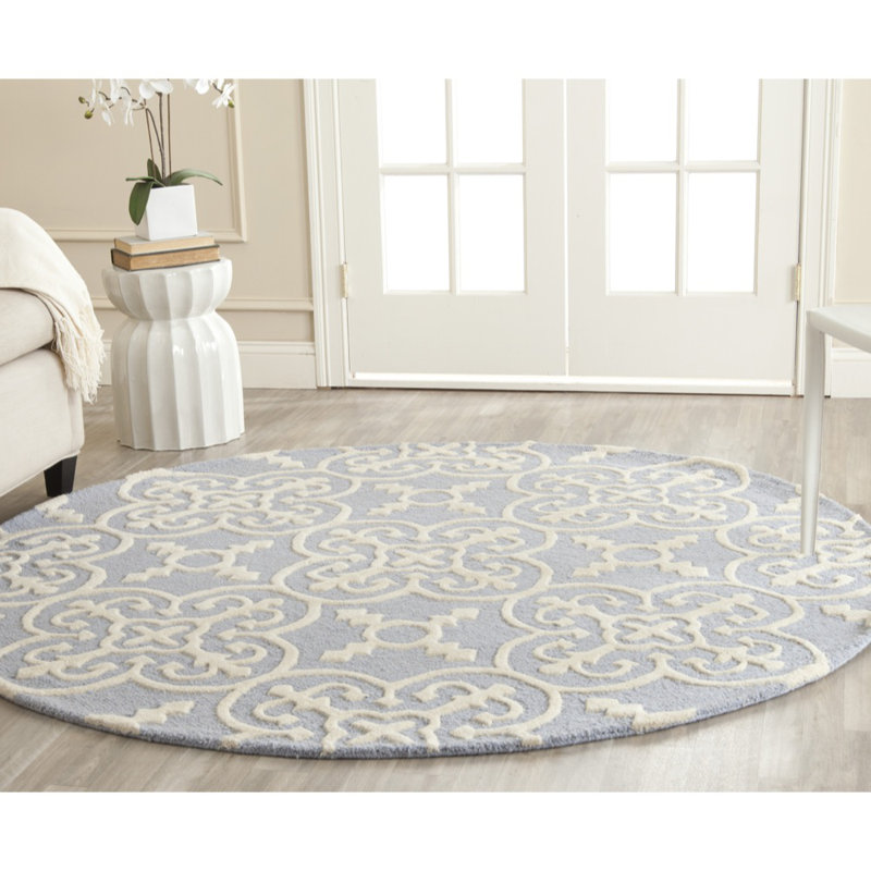 Tapis bleu clair / ivoire en laine touffeté à la main Ame, Rond 6 pi