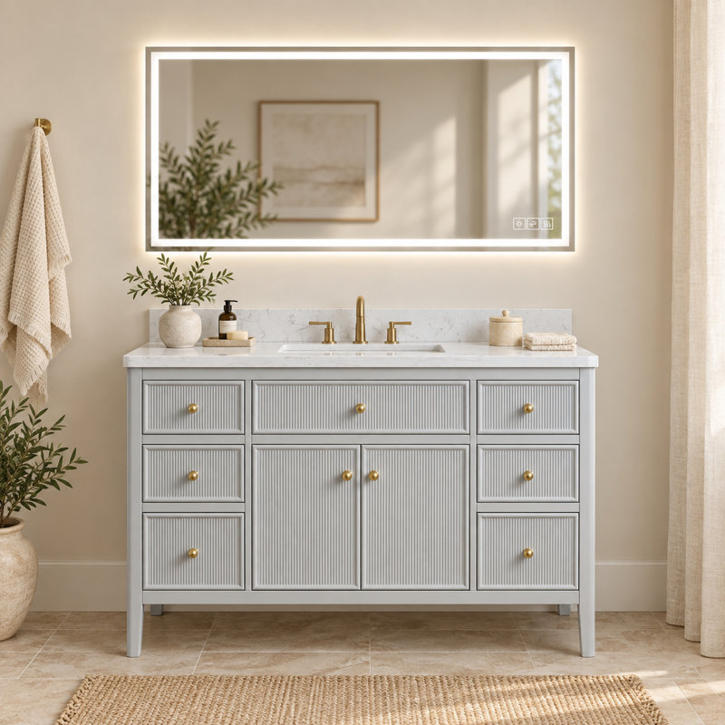 Meuble-lavabo sur pied gris mat de 122 cm avec lavabo intégré et miroir de courtoisie à DEL de 122 x 61 cm.