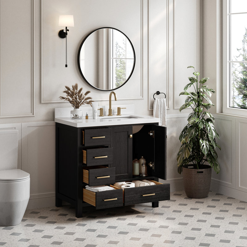 Ensemble de meuble-lavabo simple 37 po Grevera, Quartz blanc pur, Chêne noir, Rectangular