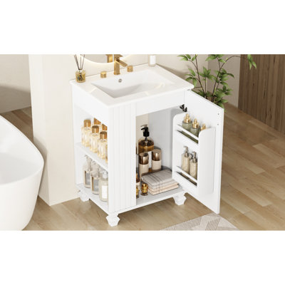 Meuble-lavabo de salle de bain rétro classique 23,4 po avec lavabo, bois de pin massif, charnières élégantes, compartiments latéraux ouverts, planches de débordement de finition, rangement à fermeture douce, trous de robinet pré-percés