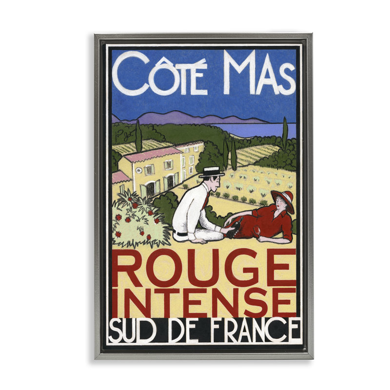 Affiche antique sur vin encadrée d'art flottant par Jean-Pierre Got, H 25 po x l 17 po, Cadre flottant gris lustré