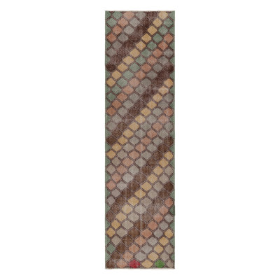 Vintage Distressed Runner Rug, Colorful Diagonal Geometric Design - Rug & Kilim