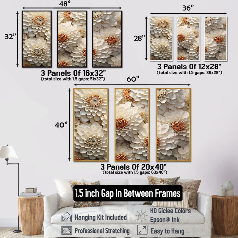 Minimalisme beige Zinnias Collage I - ensemble d'art sur toile Zinnias, Cadre flottant blanc, H 40 po x l 60 po x P 1 po