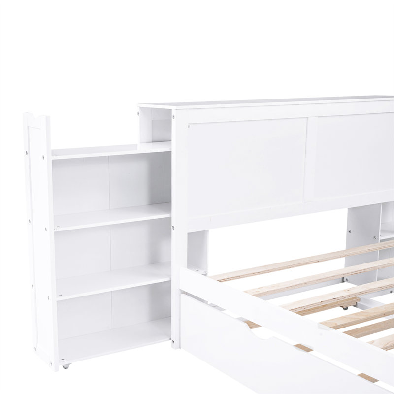 Salix Storage Platform Bed With Pull Out Shelves And Trundle, Full, White