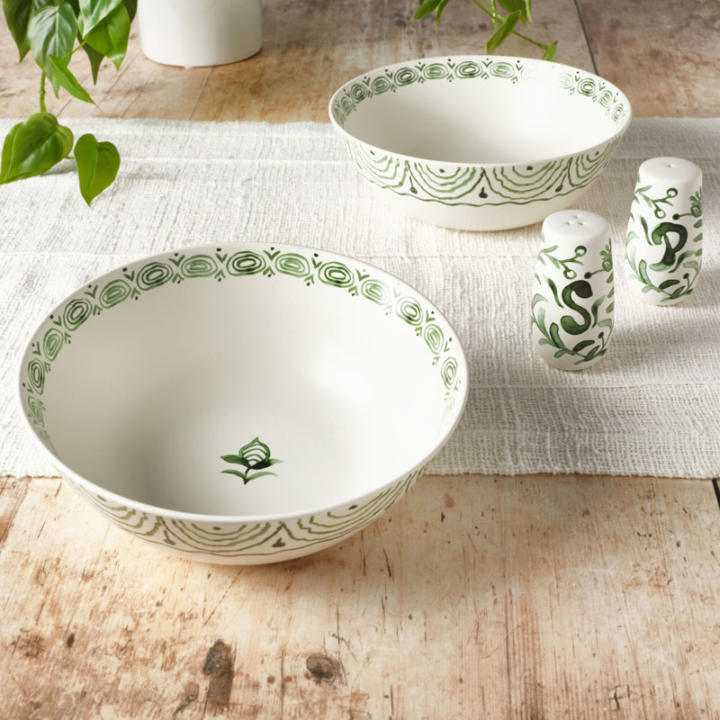 Green Floral Ceramic Serving Bowls with Salt & Pepper Set