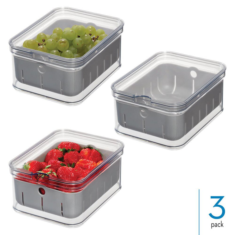 iDesign Berry Bin with Removable Colander and Lid - Set of 3, Clear/Grey