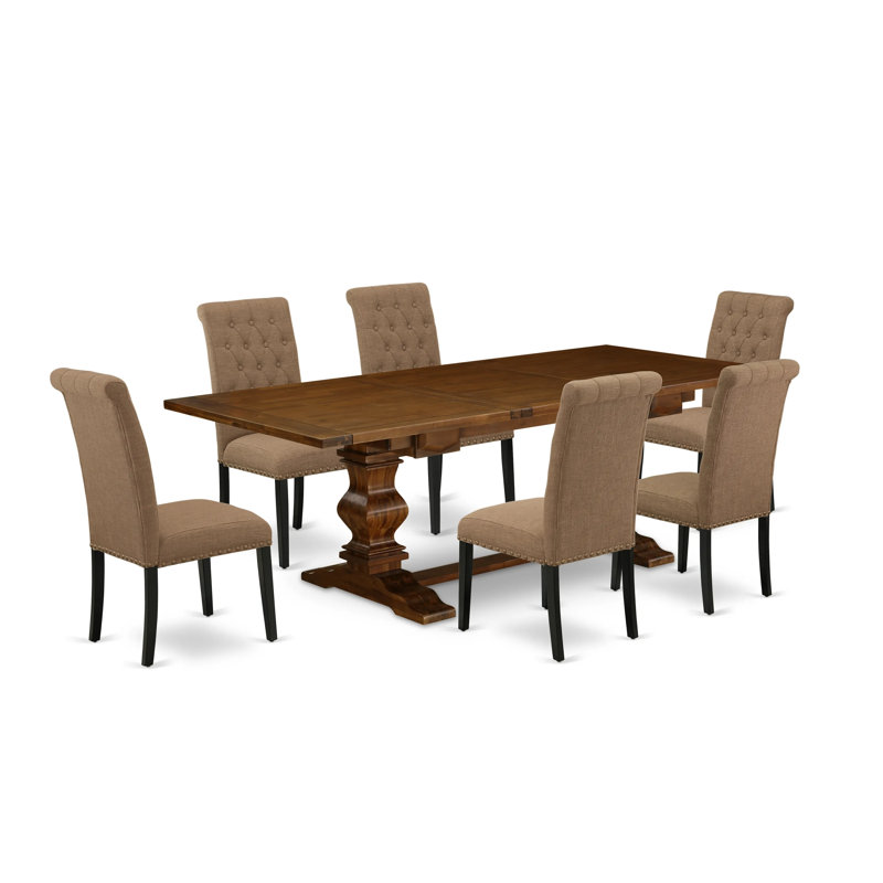 Ensemble de salle à manger 7 pièces comprenant une table rectangulaire avec rallonge amovible et 6 chaises Parsons en lin sable clair, 107 x 234 cm, fini noyer
