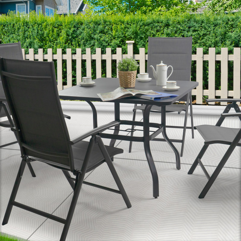 Square Metal Patio Dining Table with Woodgrain Top and Umbrella Hole