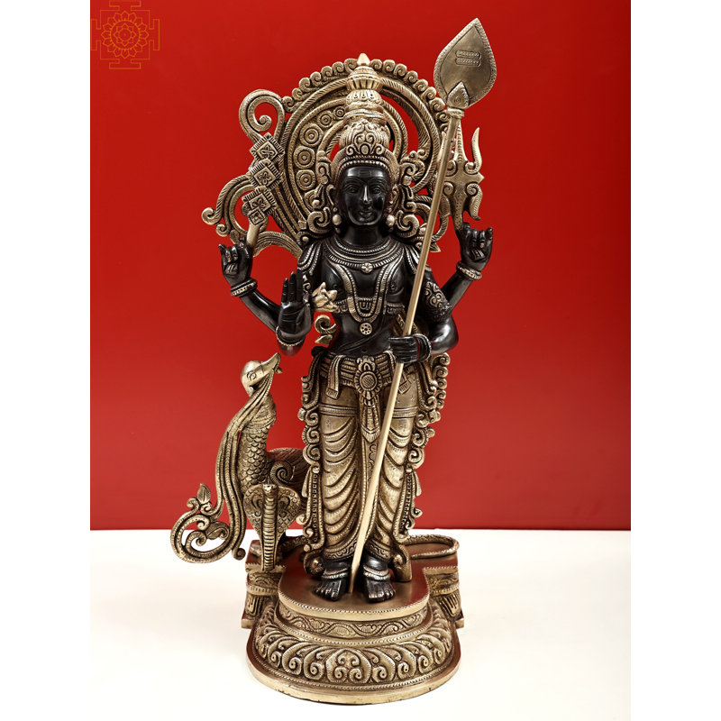 20" Handmade Brass Karttikeya Murugan Statue – Chaturbhujadhari Four-Armed Indian God Sculpture for Home Temple & Spiritual Décor