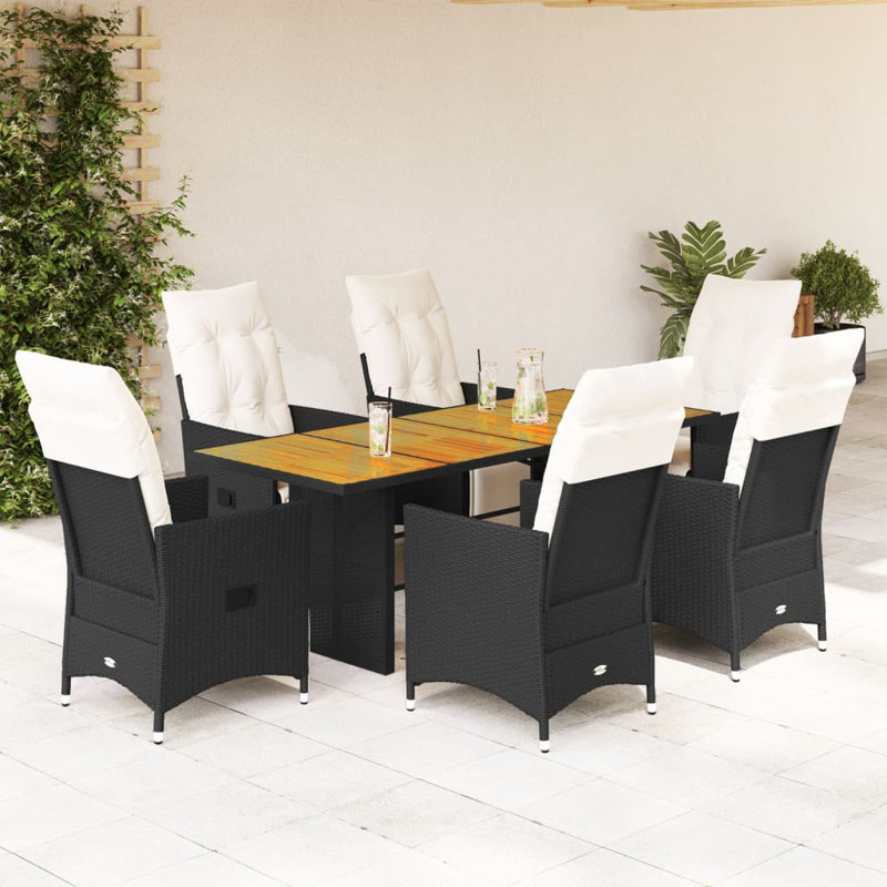 Ensemble de salle à manger de jardin noir, rotin PE blanc crème, 6