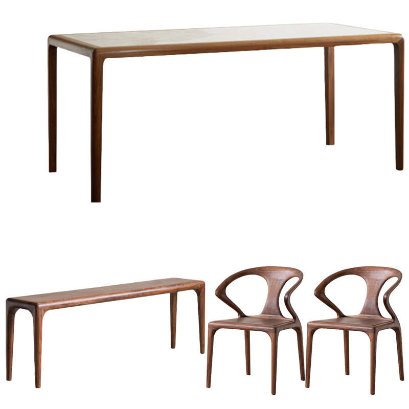 Black Walnut Slate Dining Table Set, 29.5"H x 70.9"L x 31.5"W