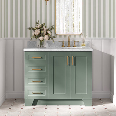 Freitas 37'' Solid Wood Single Bathroom Vanity in Vintage Green with 1.5'' Carrara Marble Top, Right Offset, Rectangle Sink