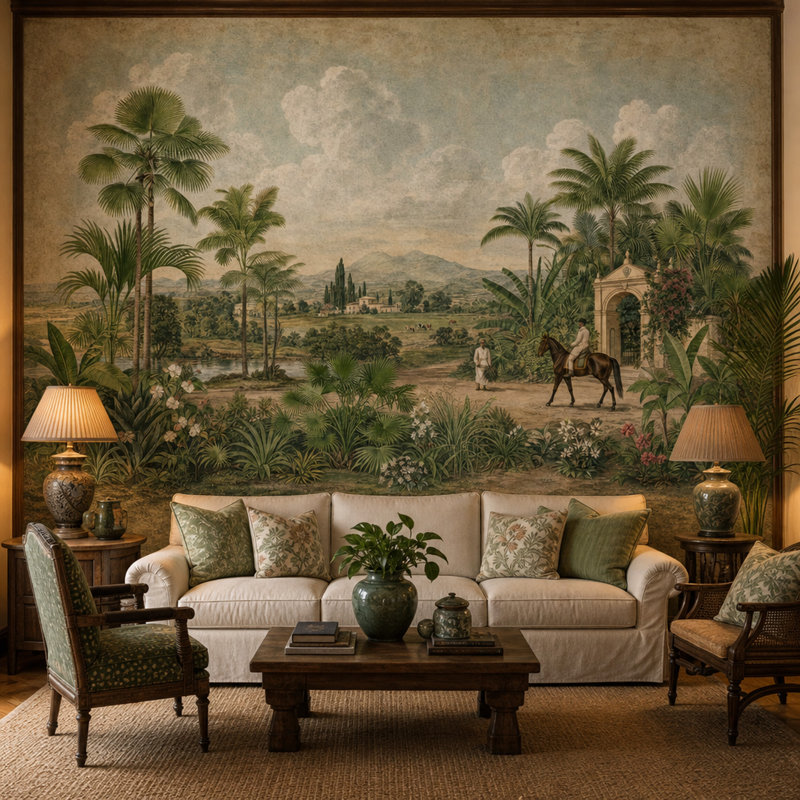 Papier peint botanique tropical discret, 160 po x 108 po, Peel and Stick
