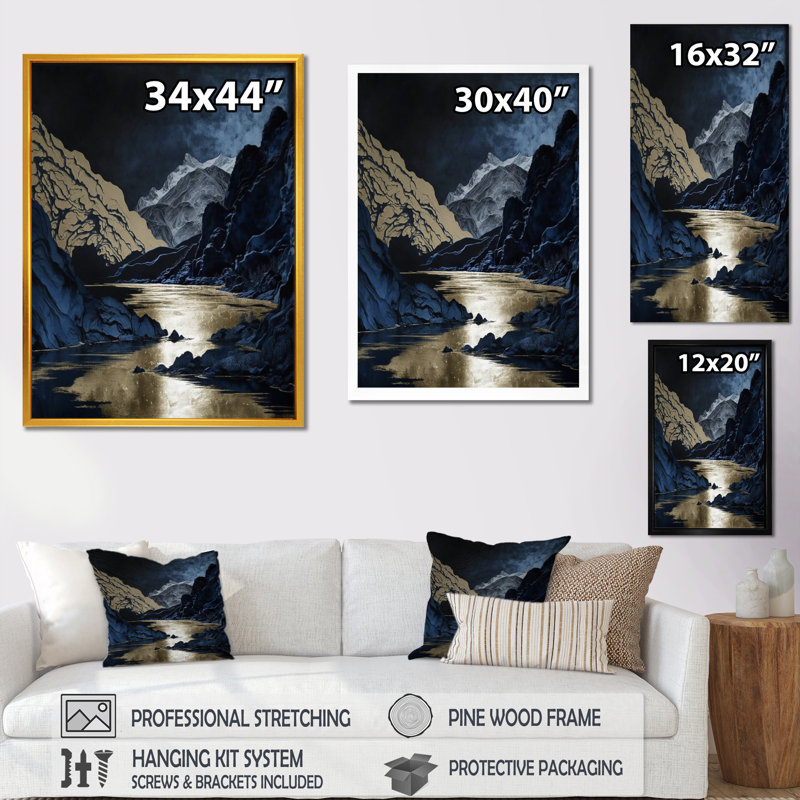 Saliba, rivière givrée dorée et montagne III, H 20 po x l 12 po x P 1 po, Cadre photo noir