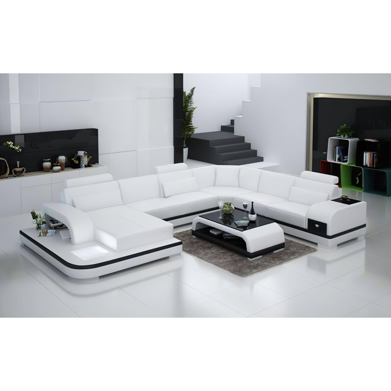 Ariyani Upholstered U-Shaped Sectional, Left Hand Facing, White/Black 