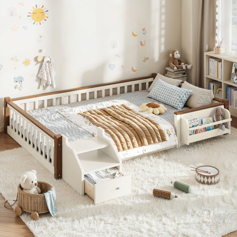 Lit superposé House avec rangement, bibliothèque et tiroir, maisonnette de jeu, détachable, Beige, naturel